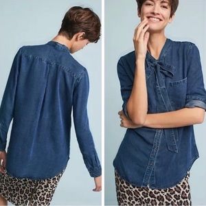 RAILS Bow Tie Neck Denim Blouse